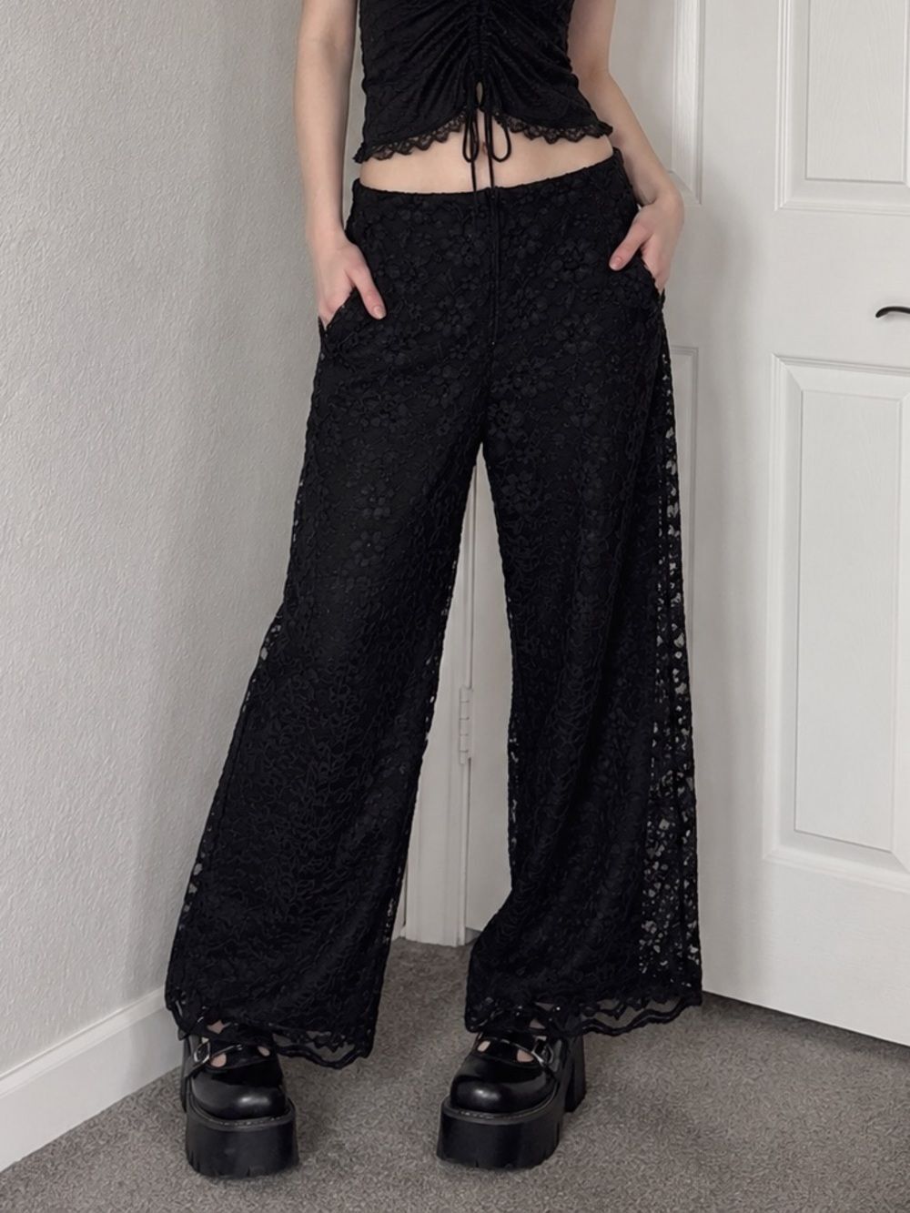 Y2K J. Studio Black Floral Lace Rhinestone Beaded Wide Leg Pant Sz 12 Whimsigoth